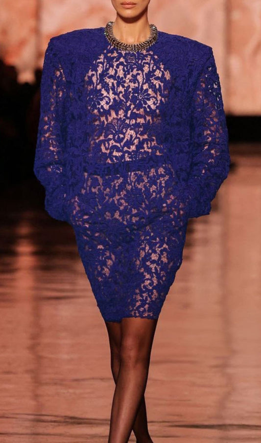 AIIZIE HERMIA ROYAL BLUE LACE LONG SLEEVE MINI DRESS - CHIC & VERSATILE FOR WOMEN - product image