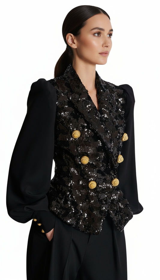 AIIZIE HEIRESS GLAMOROUS BLACK SEQUIN DOUBLE-BREASTED BLAZER JACKET - product image