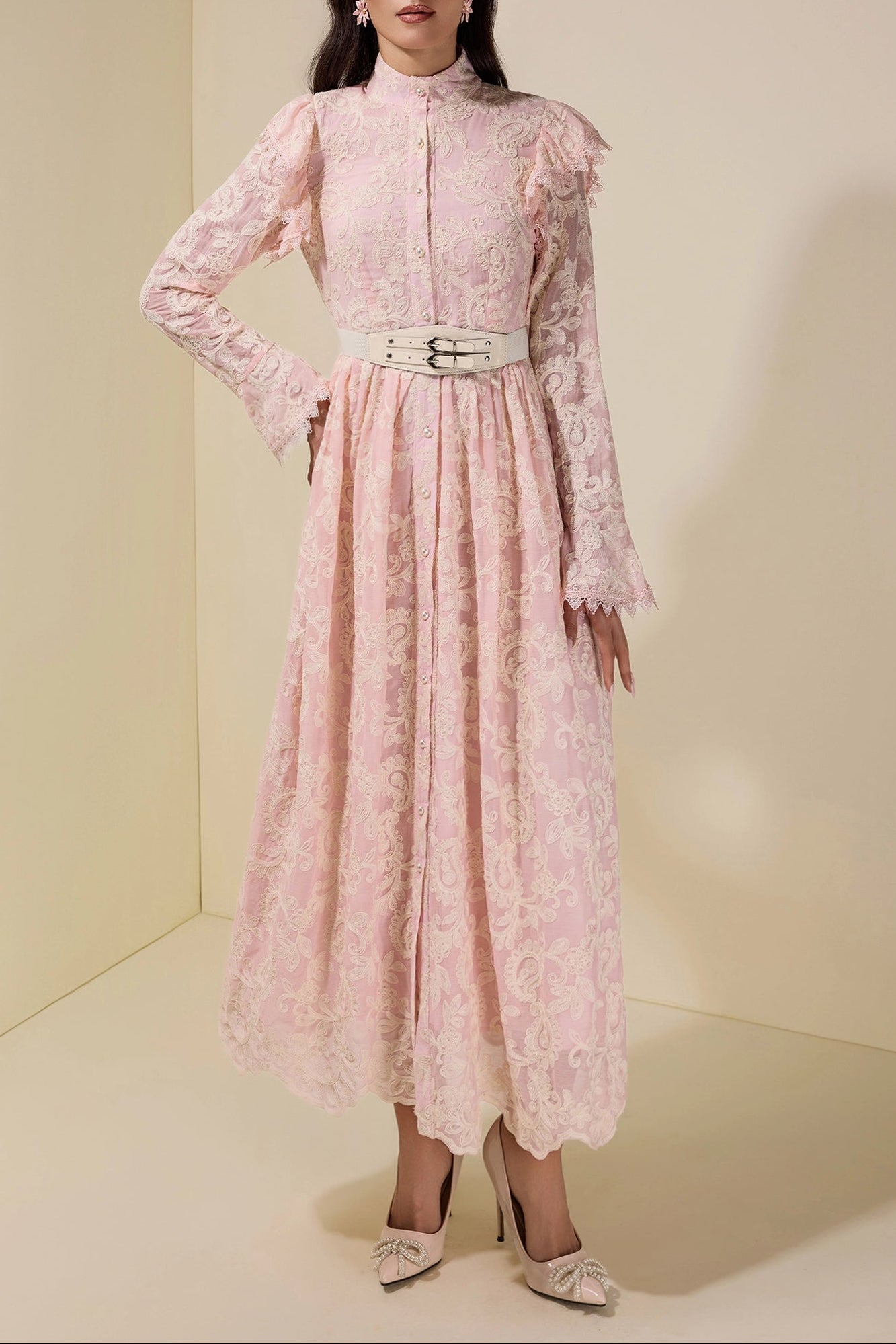 Alma Chiffon Embroidered Single Breasted Midi Dress with Belt - Pink