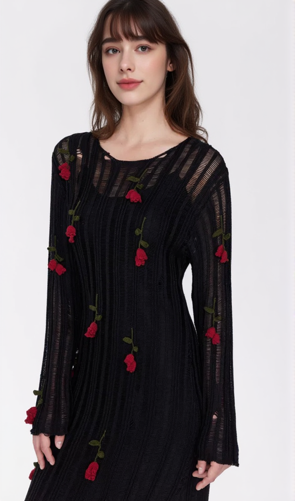 Hilaria Rose – Handgefertigtes Midikleid aus Strick in Schwarz