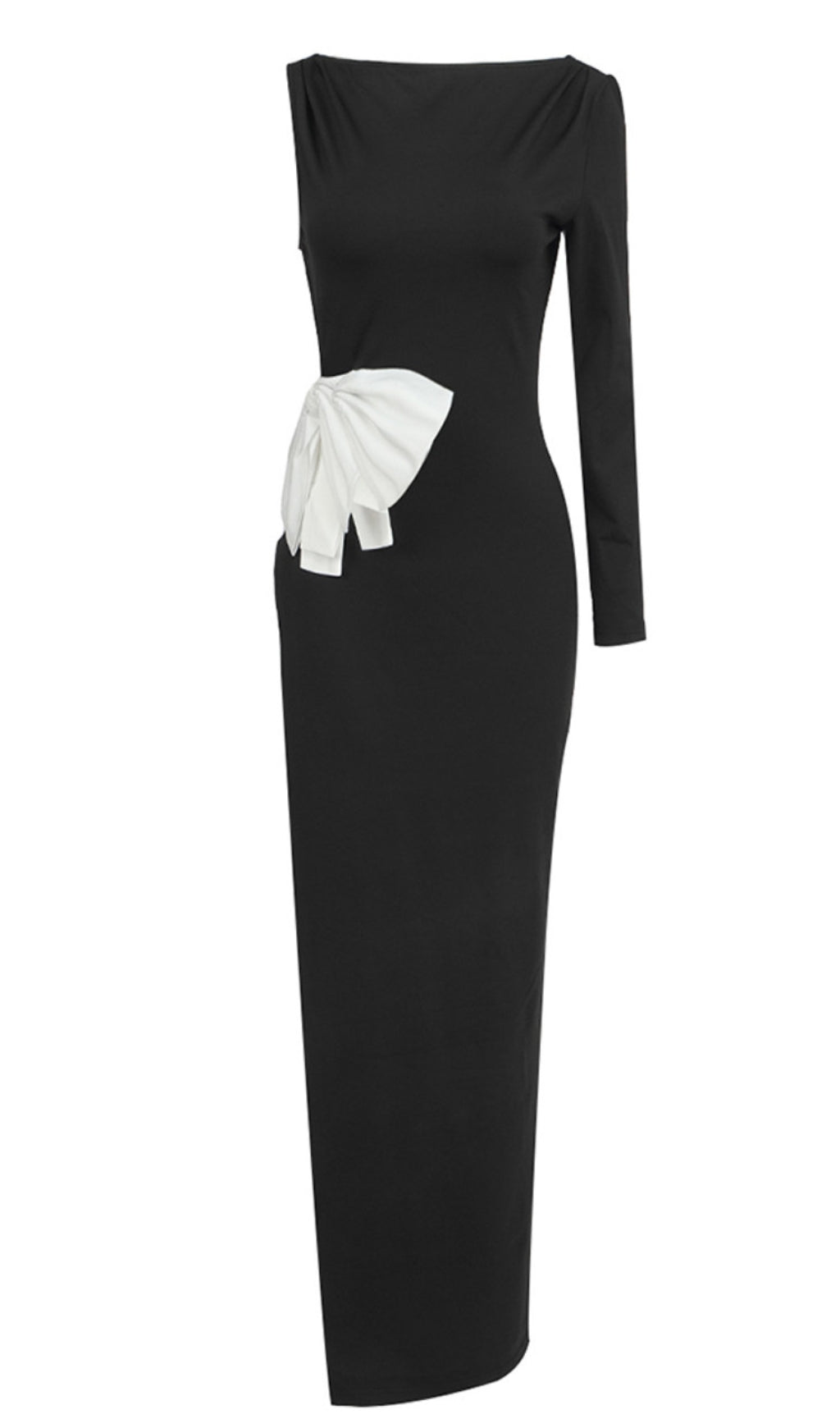 ONE SLEEVE BOW BACKLESS MAXI DRESS BLACK