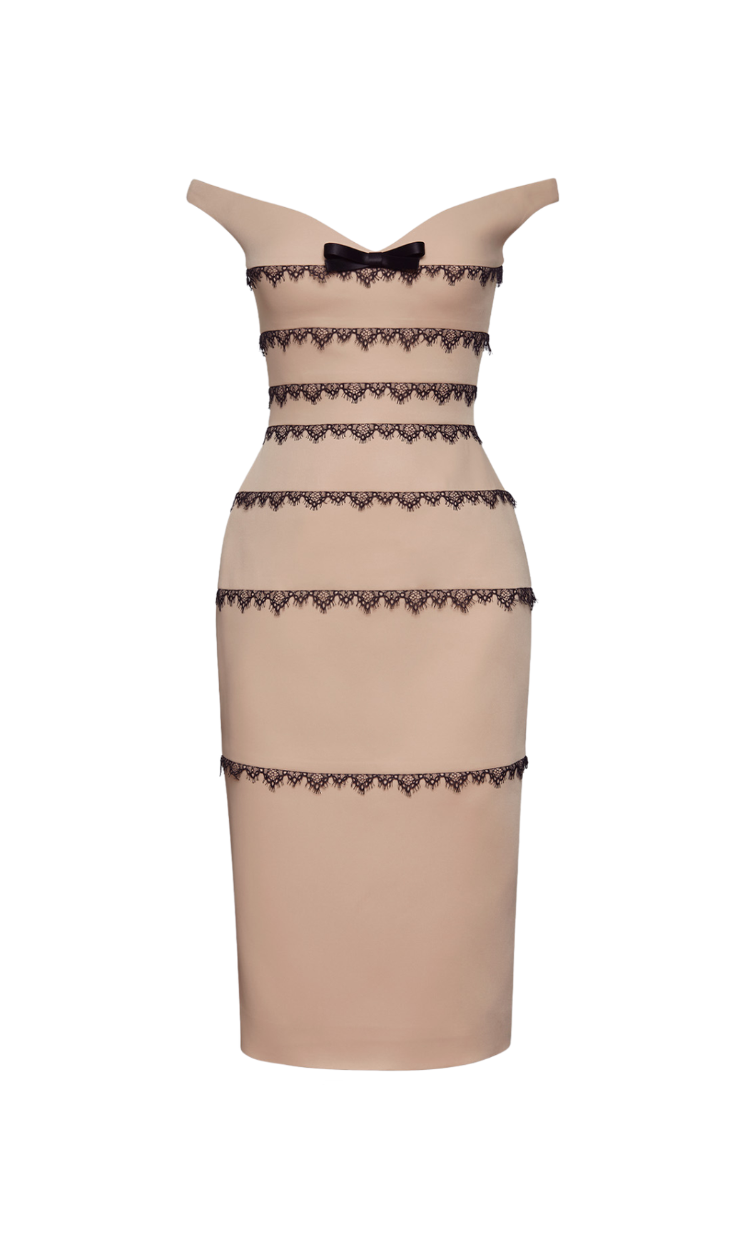 NUDE OFF-SHOULDER DRESS WITH BLACK LACE TRIMMING DETAIL