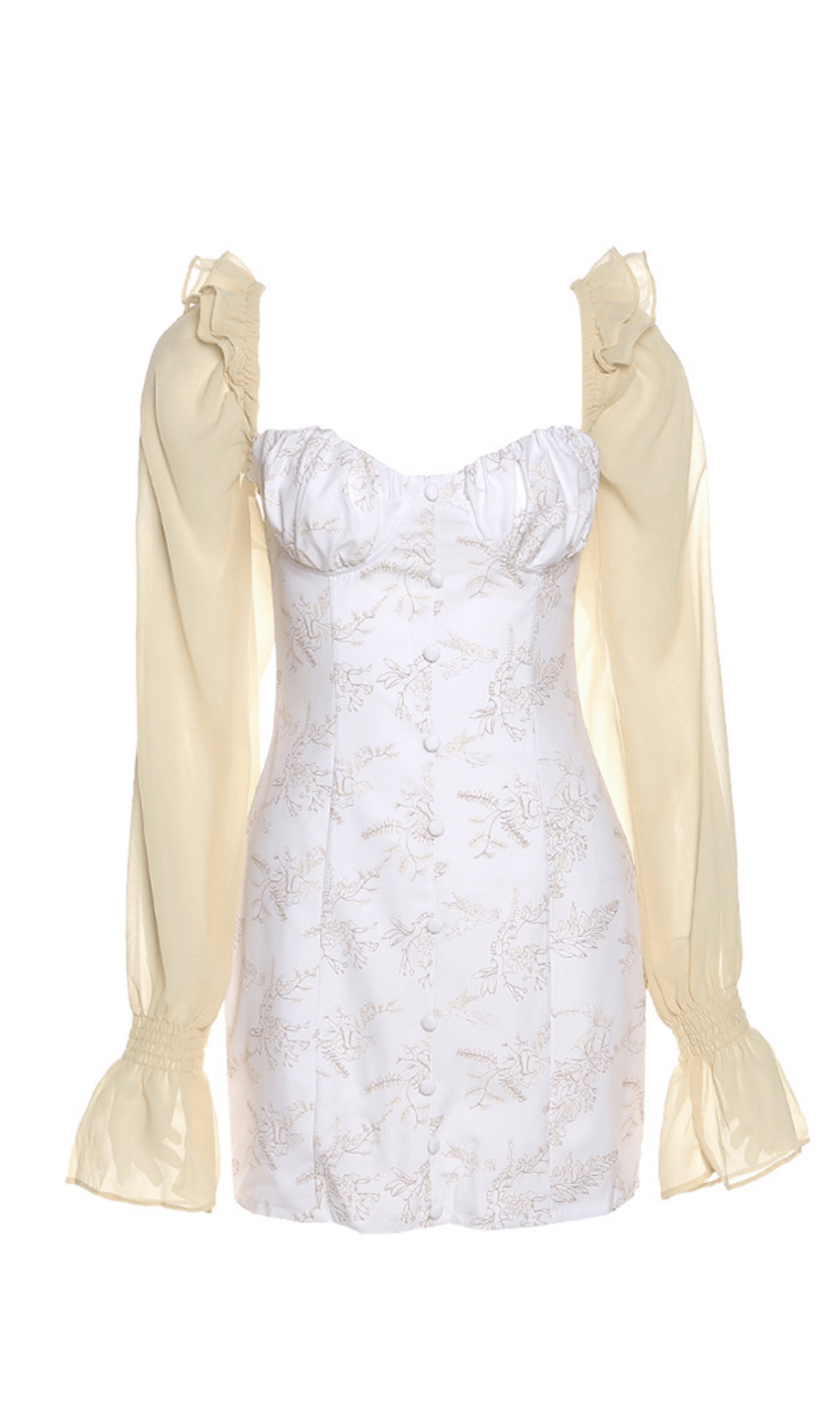 Aprikosenfarbenes Minikleid mit ausgestellten Ärmeln und Print