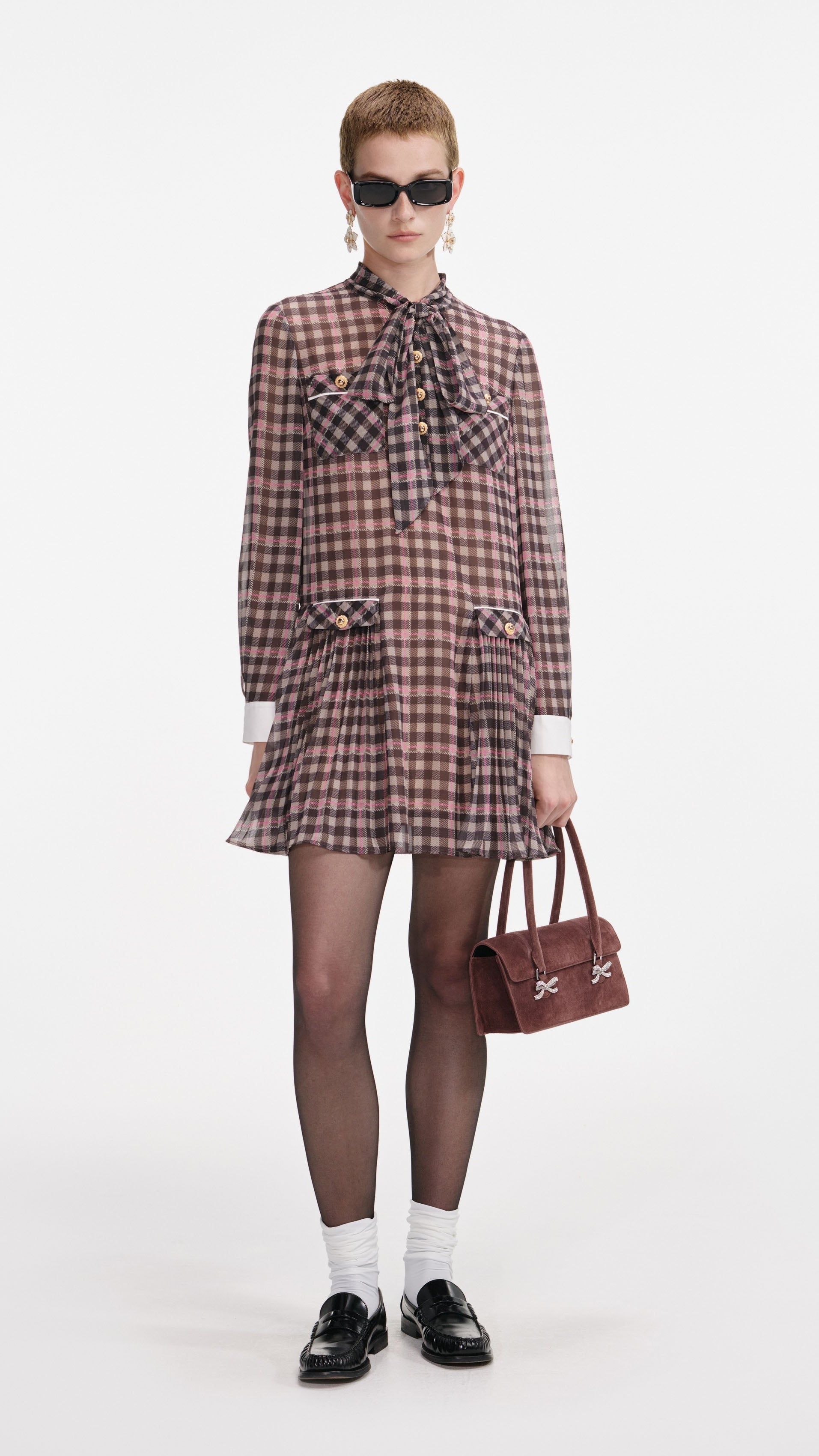 FRANCES BROWN CHECK CHIFFON MINI DRESS