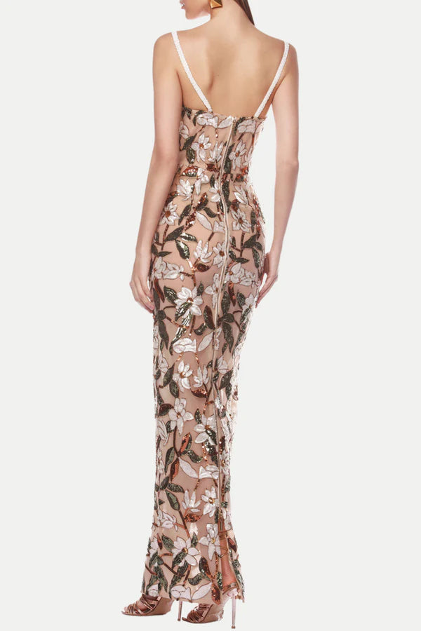 CARSEN MAXIKLEID MIT BLUMENSTICKEREI UND RIEMEN