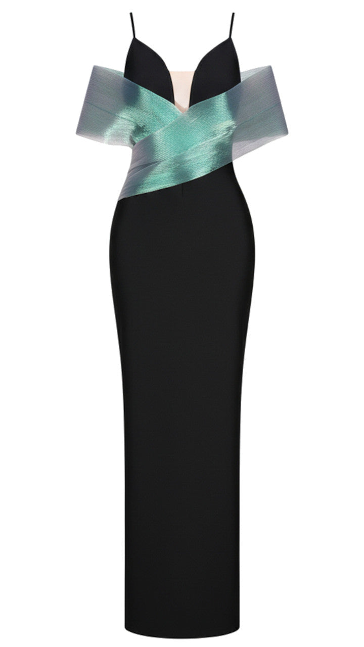 BARDOT DETAIL MAXI DRESS BLACK GREEN