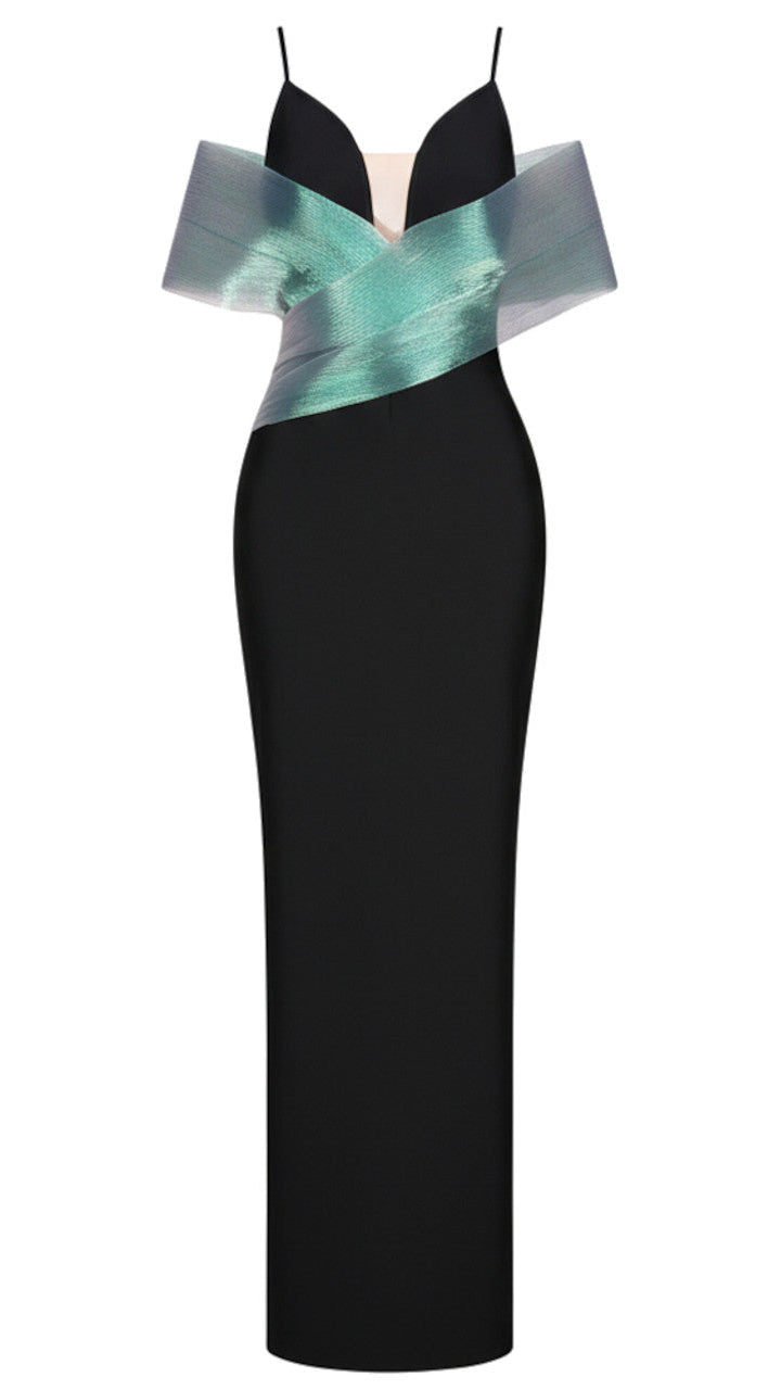 CONFIDENCE-BOOSTING IRIDESCENT CROSS-SHOULDER BANDAGE MAXI GOWN