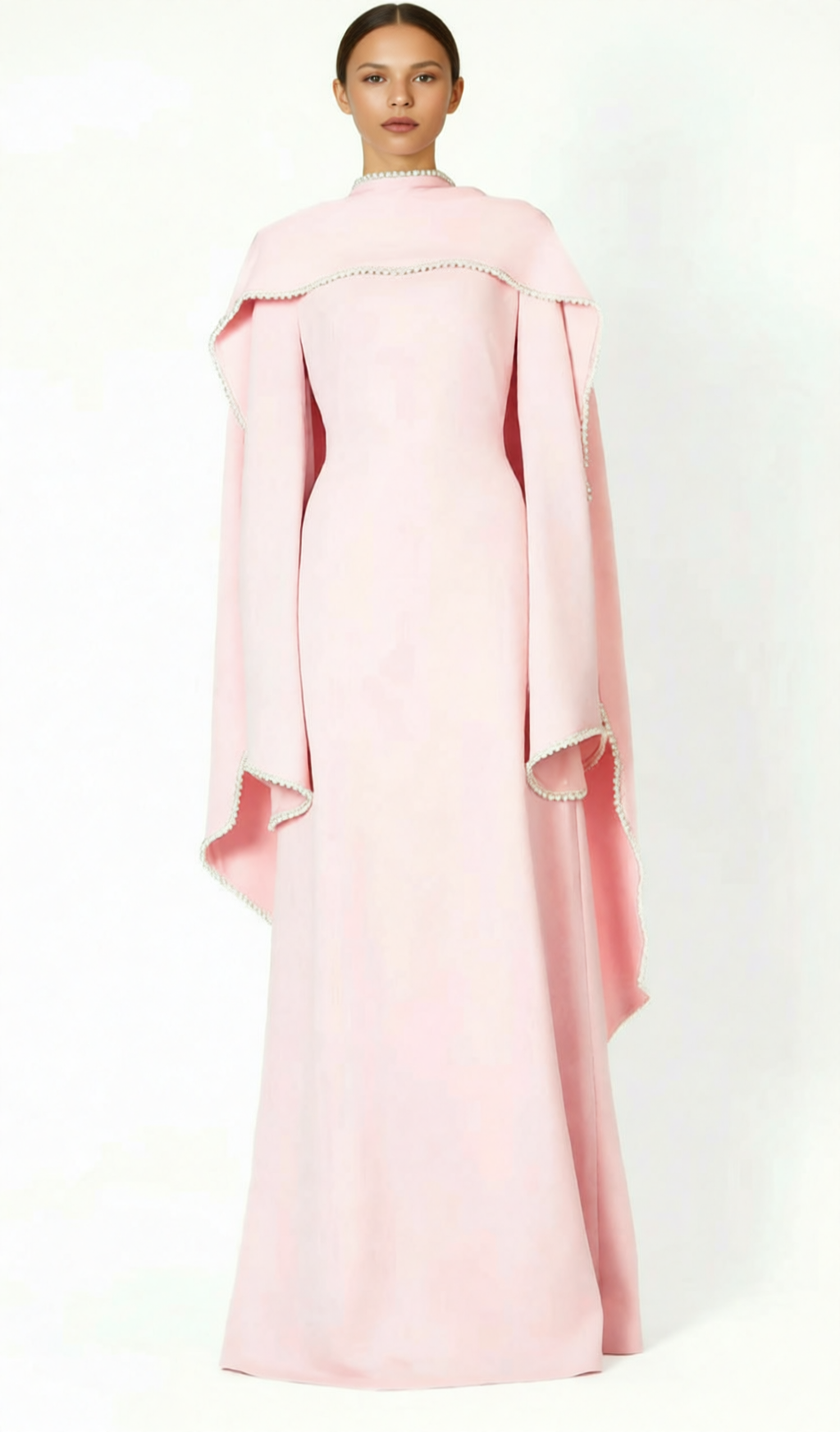 HIDI PINK PEARL TRIM SHAWL MAXI DRESS | ELEGANT LONG SLEEVE FORMAL GOWN