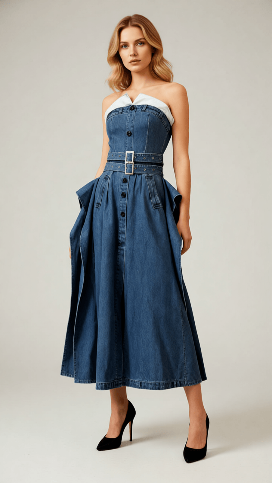 Isako Chic Strapless Denim Midi Dress with Belt – Effortless Elegance