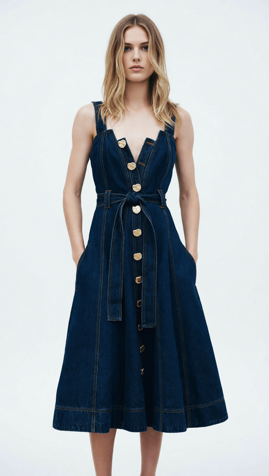 EFFORTLESS CHIC: WOMEN'S BUTTON-FRONT BELTED DENIM MIDI DRESS