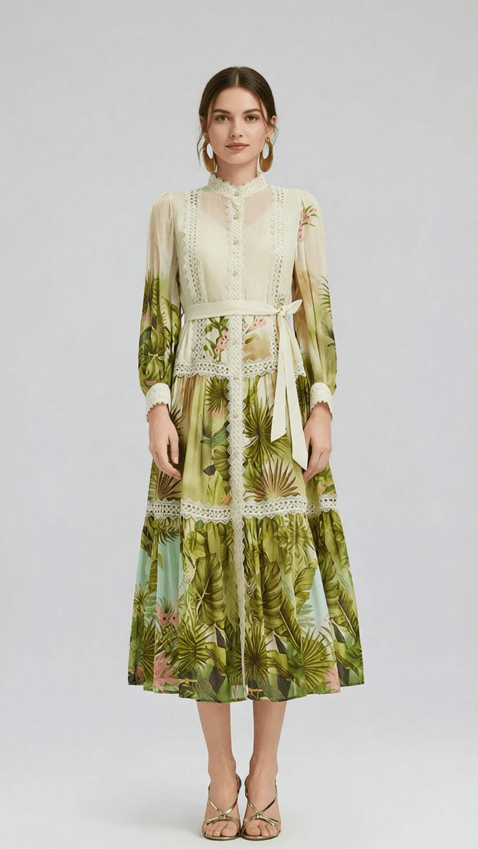 ELEGANT TROPICAL HIBISCUS PRINT TIERED MIDI DRESS WITH LACE & TIE-WAIST