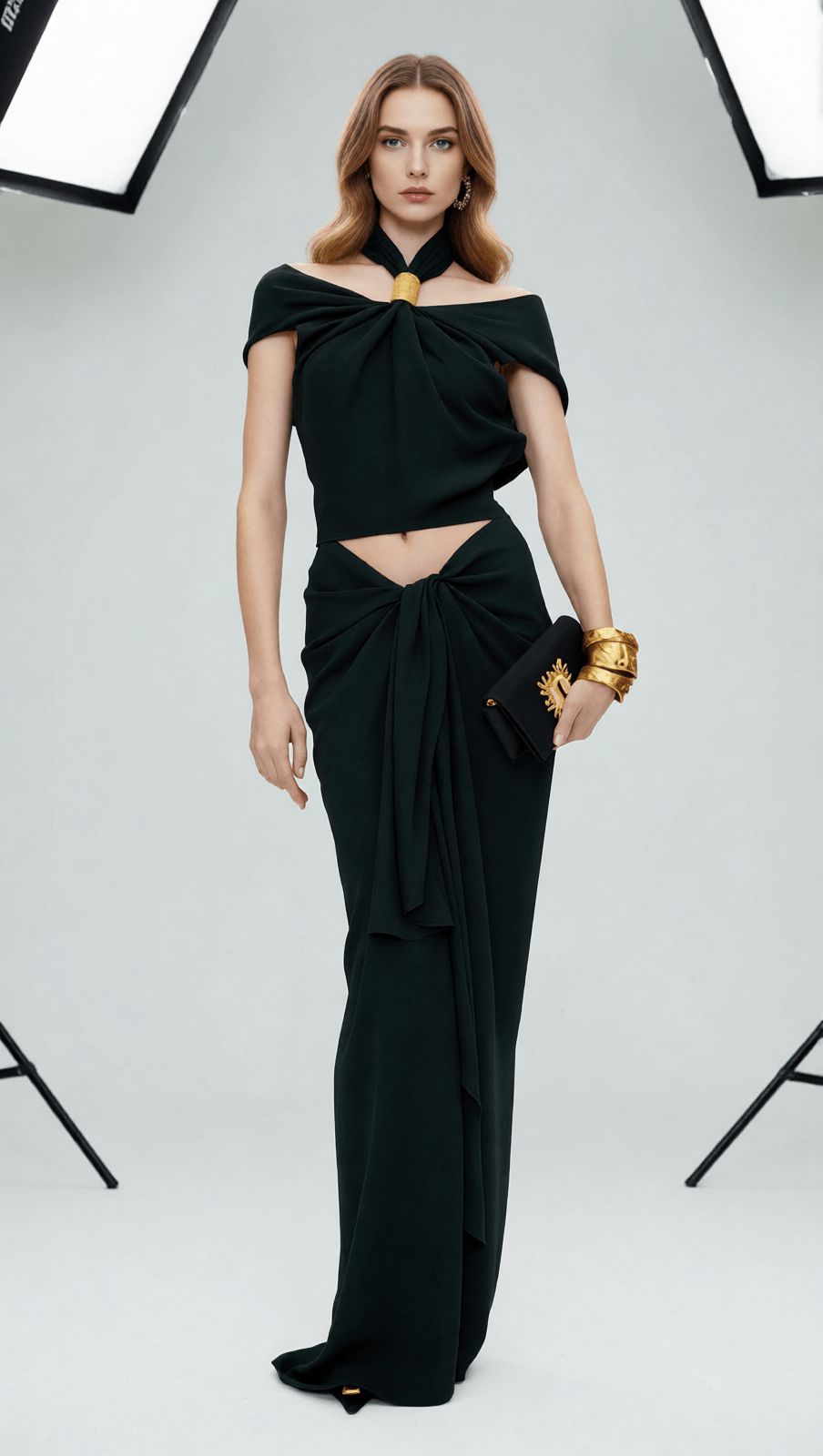 Isabel Luxe Draped Halter Two-Piece Set - Backless Crop Top & Maxi Skirt