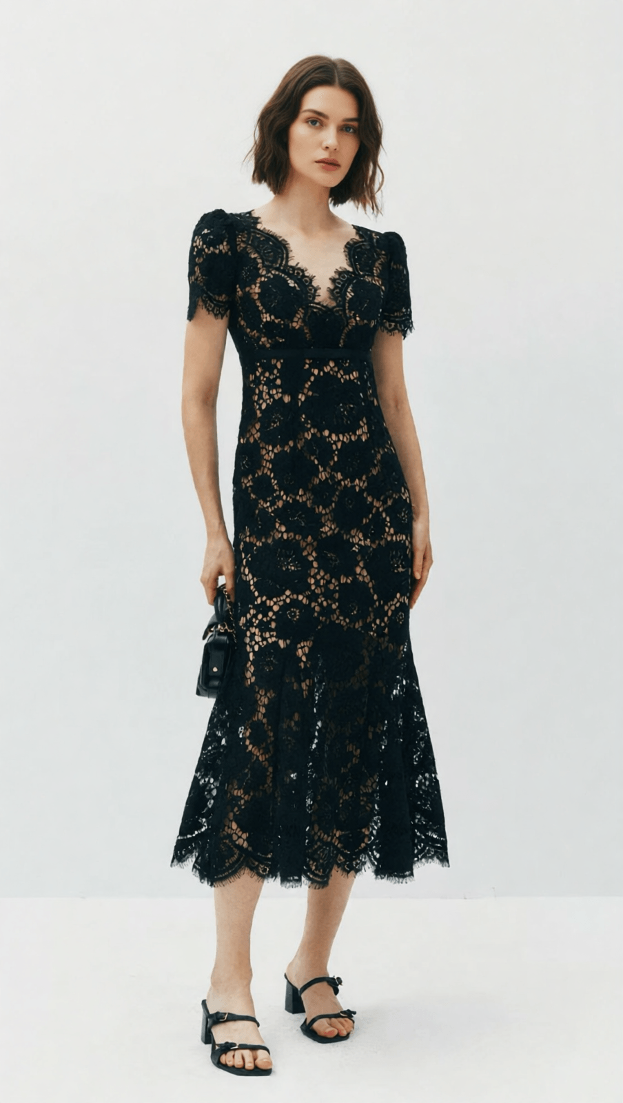 Imelda Black Lace Midi Dress | Elegant V-Neck Cocktail & Party Dress for Women