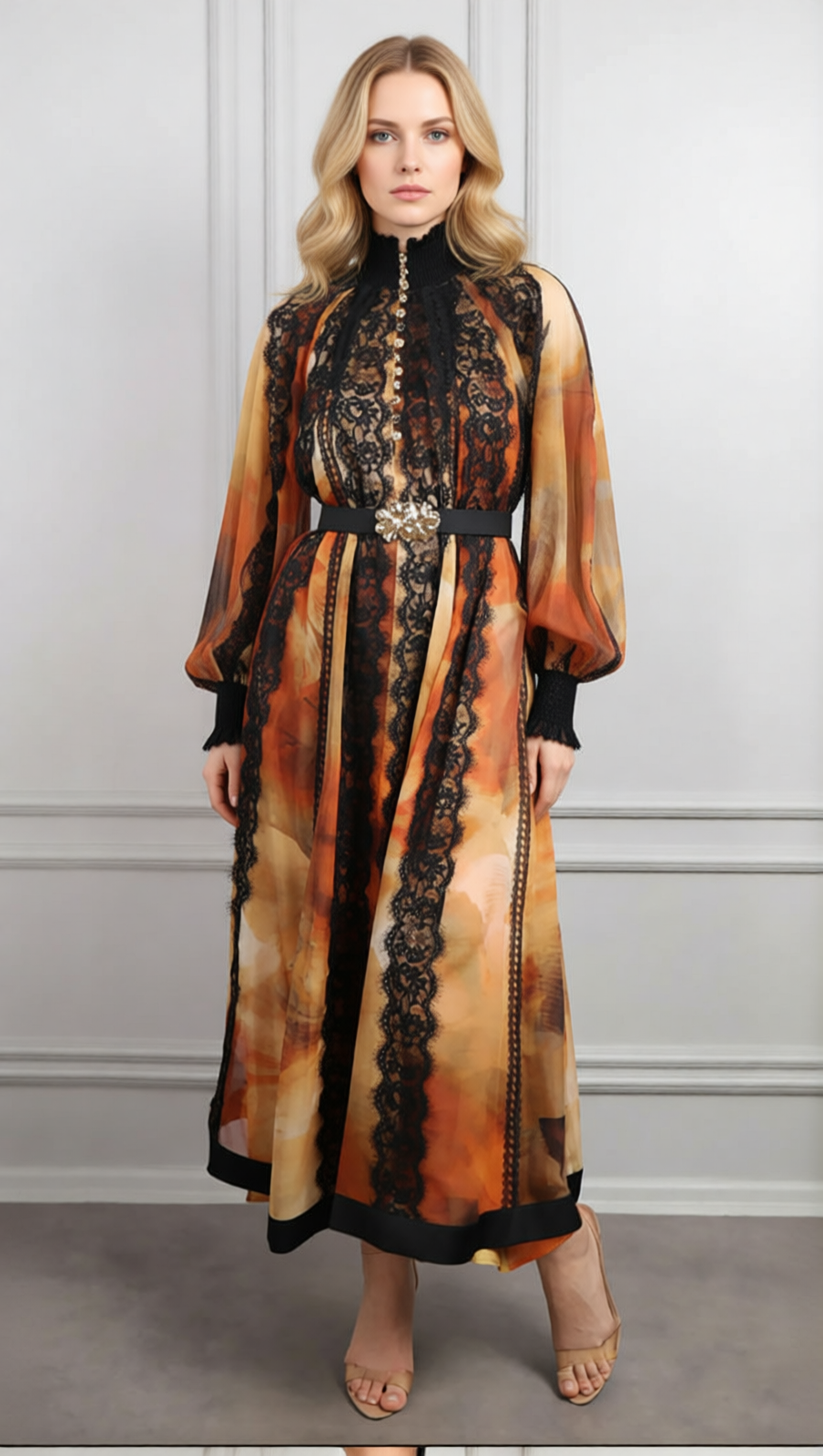 Elegant Imari Lace & Print Midi Dress | Romantic Long Sleeve Women's Gown