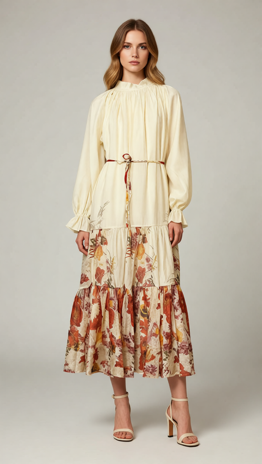 Illeana Meadow Print Long Sleeve Midi Dress - Artistic Elegance