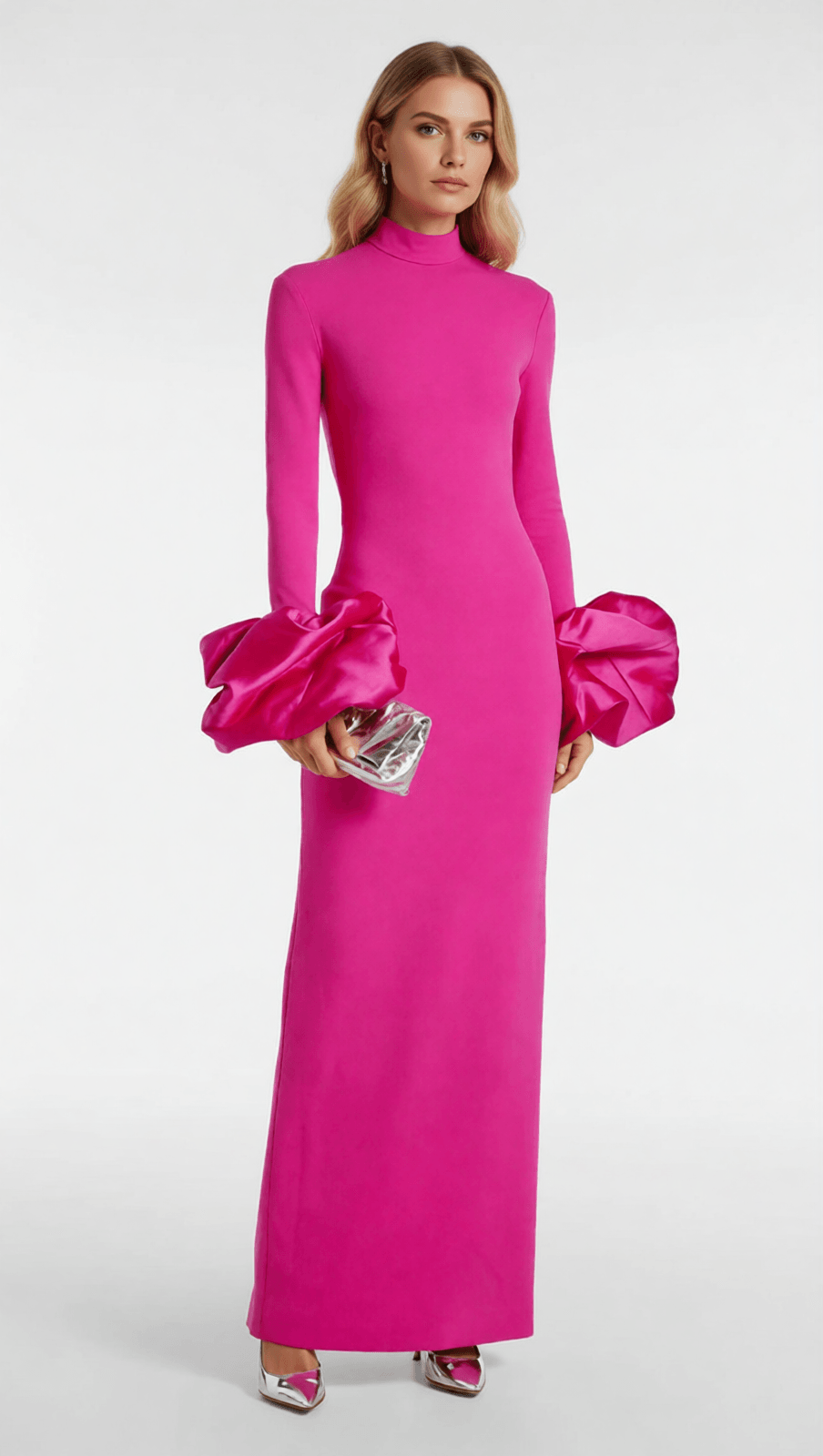 Ira Fuchsia Pink Statement Maxi Gown | Sculptural Sleeves