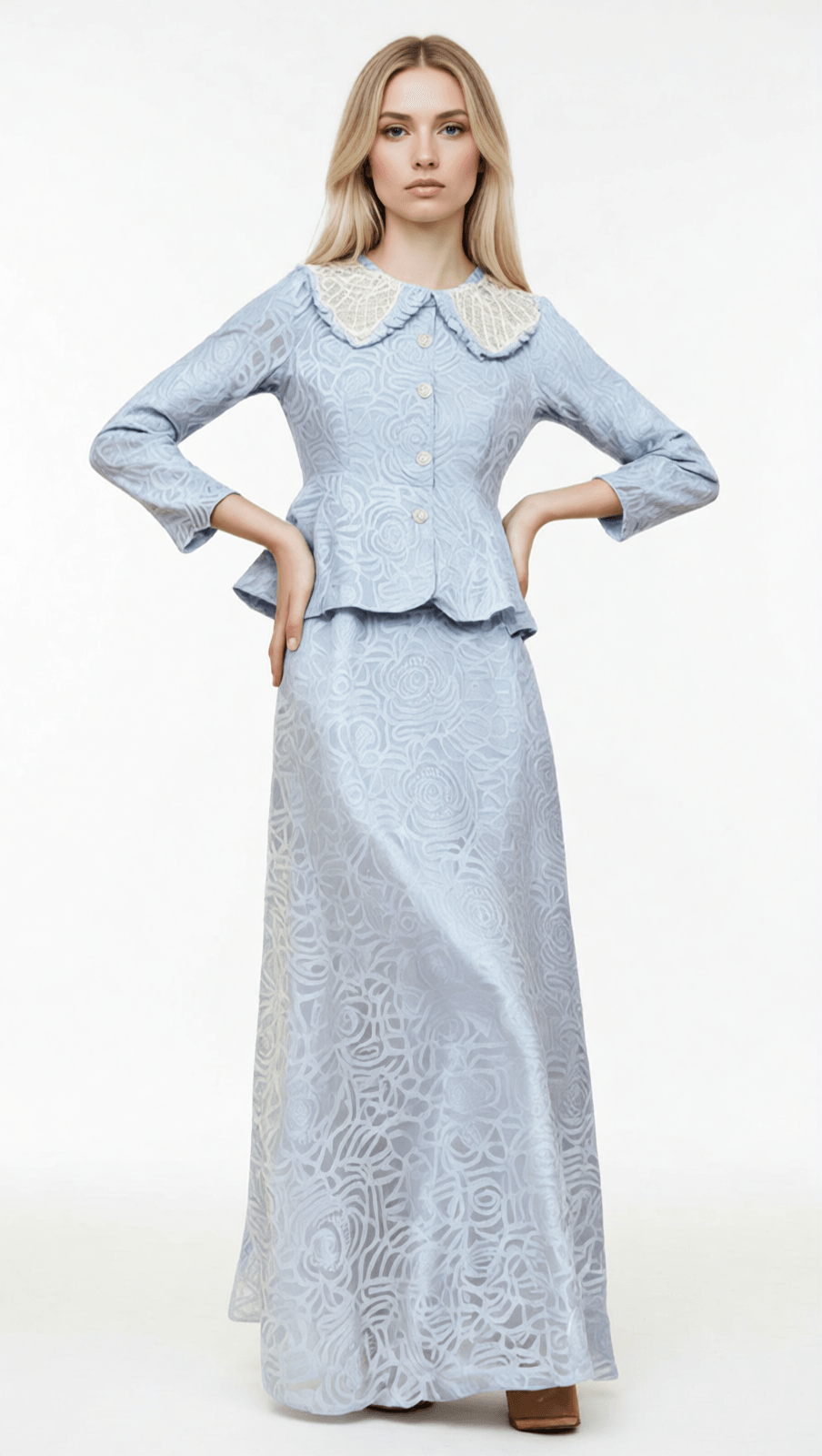 ILONA BLUE ELEGANT FLORAL LACE PEPLUM TWO-PIECE SKIRT SET