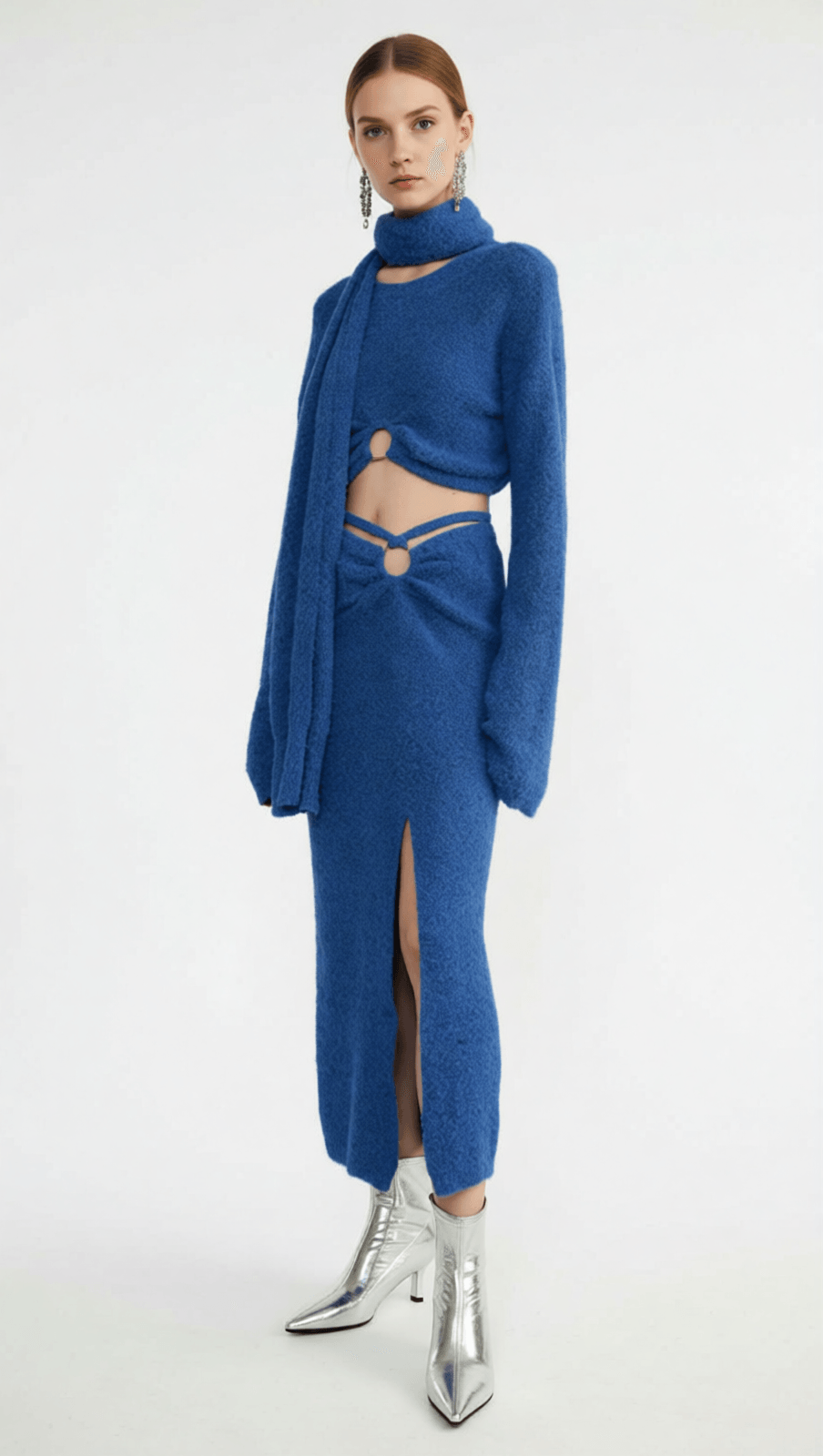 HOSHIKO CHIC BLUE KNIT 3-PIECE SET: CROP TOP, SLIT MIDI SKIRT & SCARF