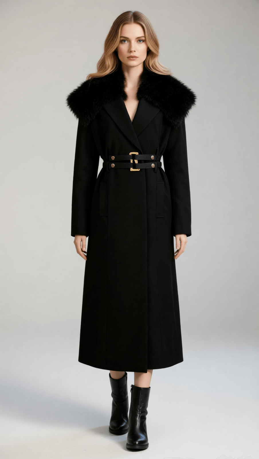 Ismail Luxe Black Fur Collar Coat: Elegant Winter Warmth with Gold Belt Detail