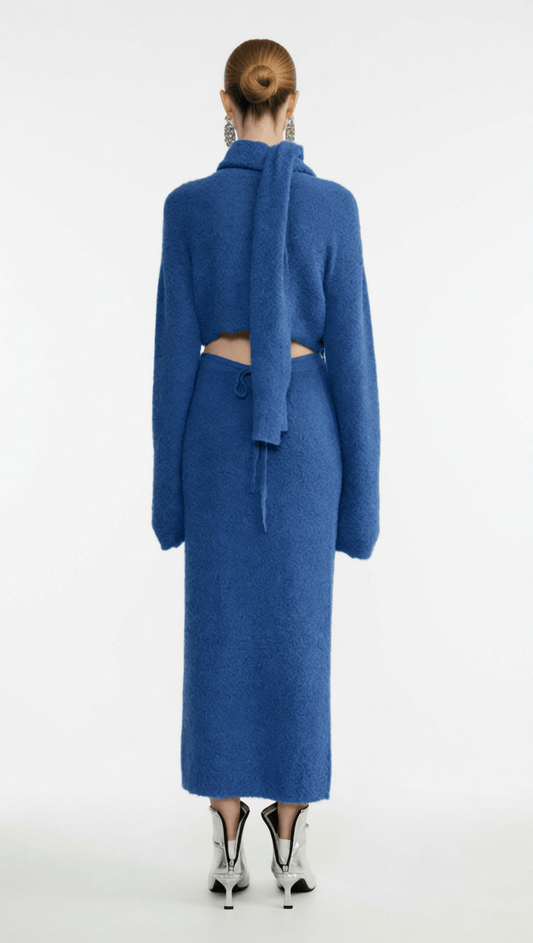AIIZIE HOSHIKO CHIC BLUE KNIT 3-PIECE SET: CROP TOP, SLIT MIDI SKIRT & SCARF - product image