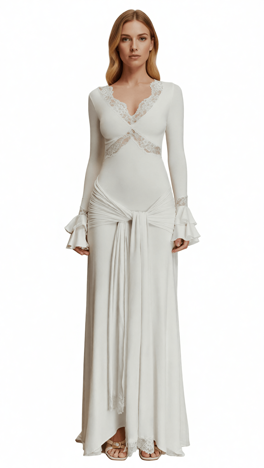 AKEELAH GRACEFUL LACE-TRIMMED FLARE SLEEVE MAXI DRESS | TIE-WAIST ELEGANCE