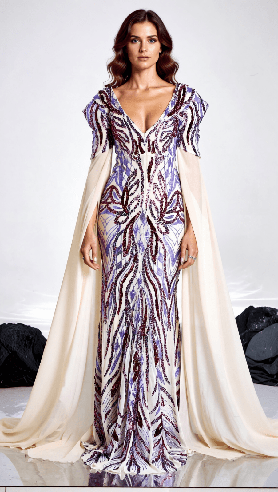 Dazzling Sequin & Cape Slit Maxi Gown - Evening & Formal Wear