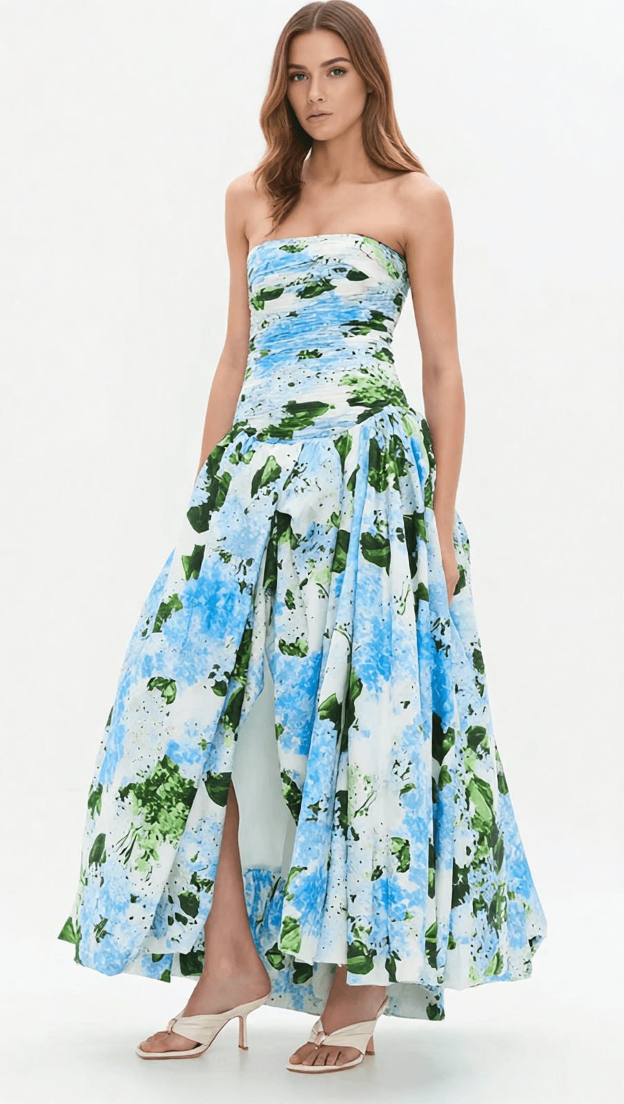 HESTIA STRAPLESS BLUE FLORAL MAXI DRESS - ELEGANT GARDEN PRINT