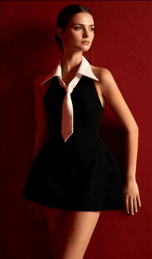 AIIZIE HECUBA CHIC BLACK MINI DRESS WITH CONTRAST COLLAR & TIE | STATEMENT STYLE - product image