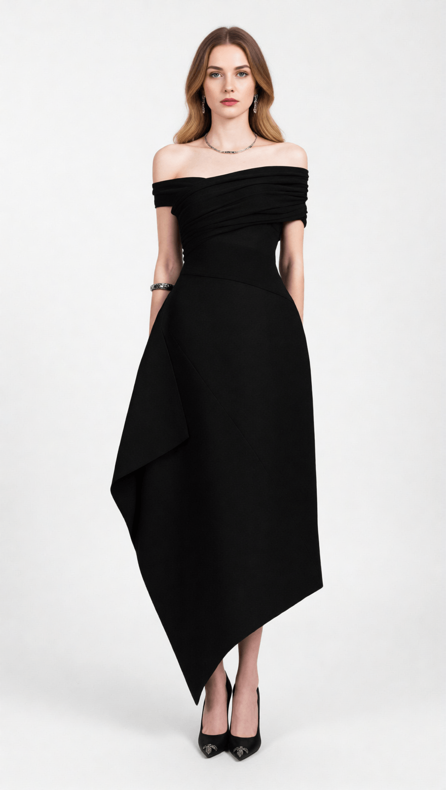 IRIS BLACK OFF-SHOULDER ASYMMETRICAL MAXI DRESS - ELEGANT EVENING GOWN