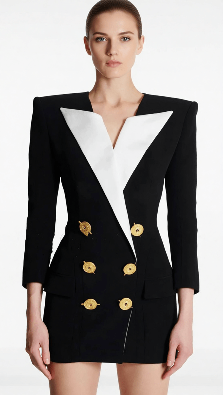 HEULWEN BLACK DOUBLE-BREASTED TUXEDO BLAZER DRESS WITH CONTRAST LAPELS