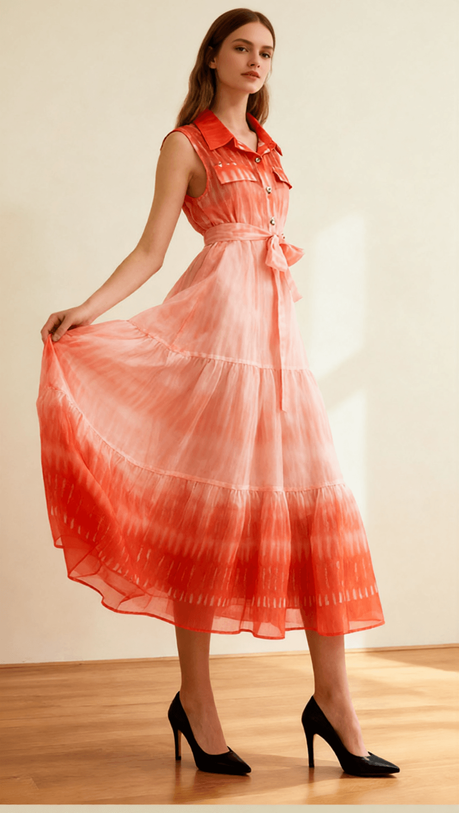 Isi Ombre Tie-Dye Sleeveless Midi Dress - Flowy Tiered Shirtdress