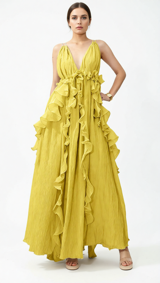 AIIZIE HOKONA EFFORTLESS RUFFLE MAXI DRESS - STRAPPY V-NECK GOWN FOR SUMMER & RESORT - product image