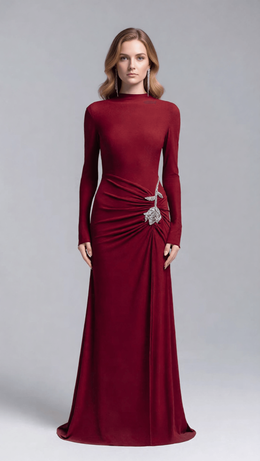 Elegant Merlot Ruched Long Sleeve Maxi Dress with Crystal Flower Embellishment