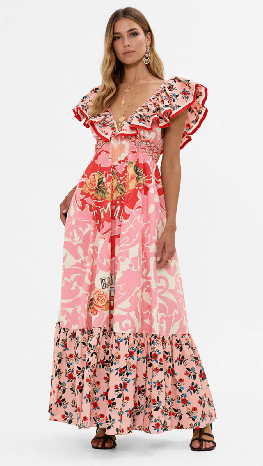 IRINA CHIC PINK FLORAL V-NECK MAXI DRESS - BOHEMIAN TIERED PRINT