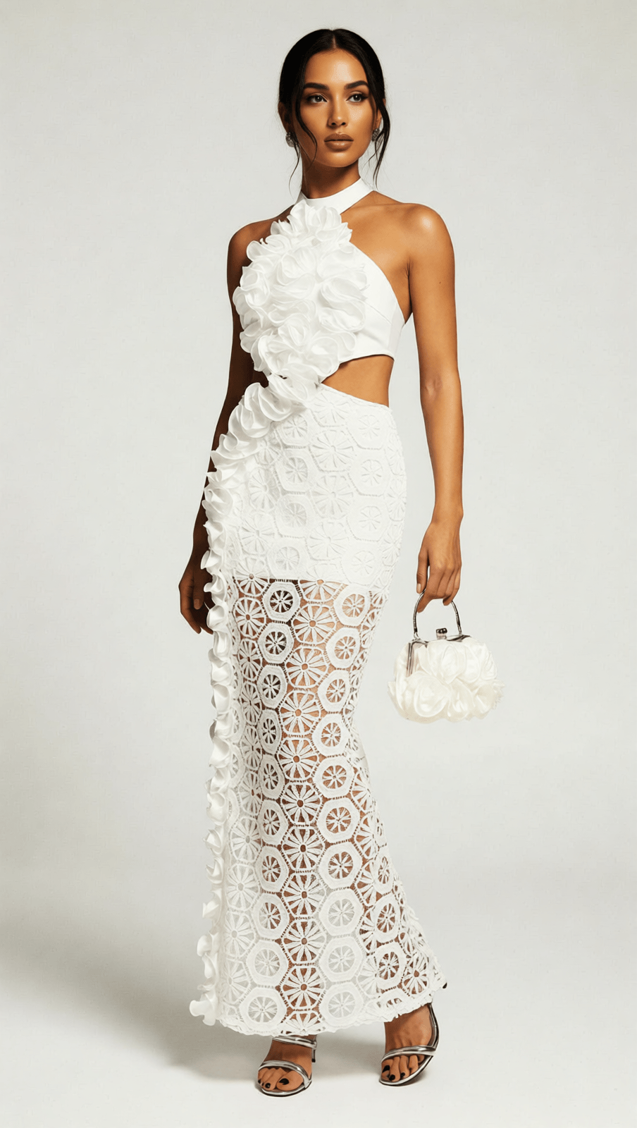 FESTUS WHITE RUFFLED LACE HALTERNECK CUTOUT MAXI DRESS - STATEMENT GLAMOUR