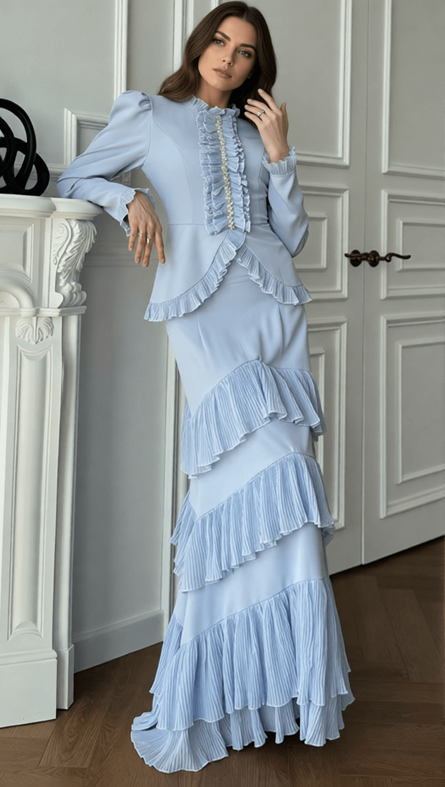 Ignace Elegant Ruffle Two-Piece Set - Long Sleeve Top & Tiered Maxi Skirt