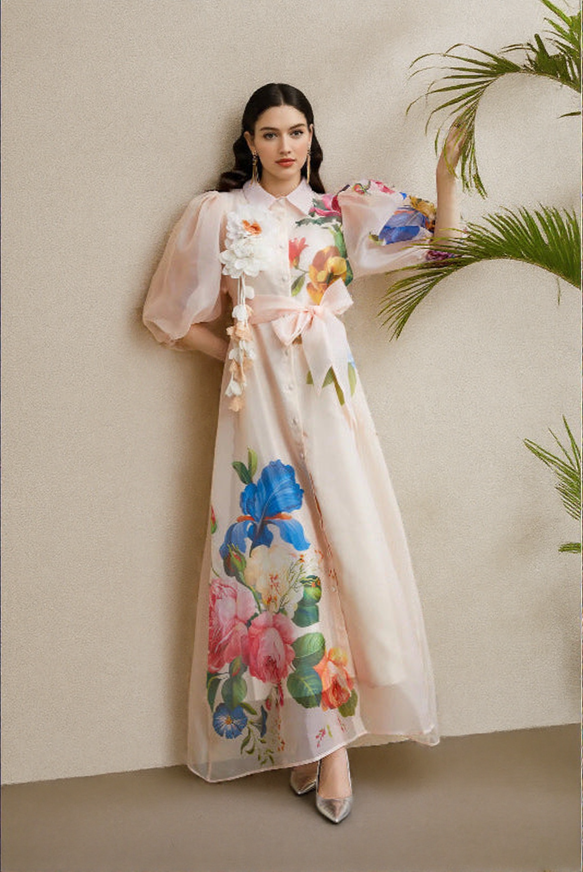 SINGLE-BREASTED FLORAL PRINTED PUFF SLEEVE MAXI DRESS IN APRICOT