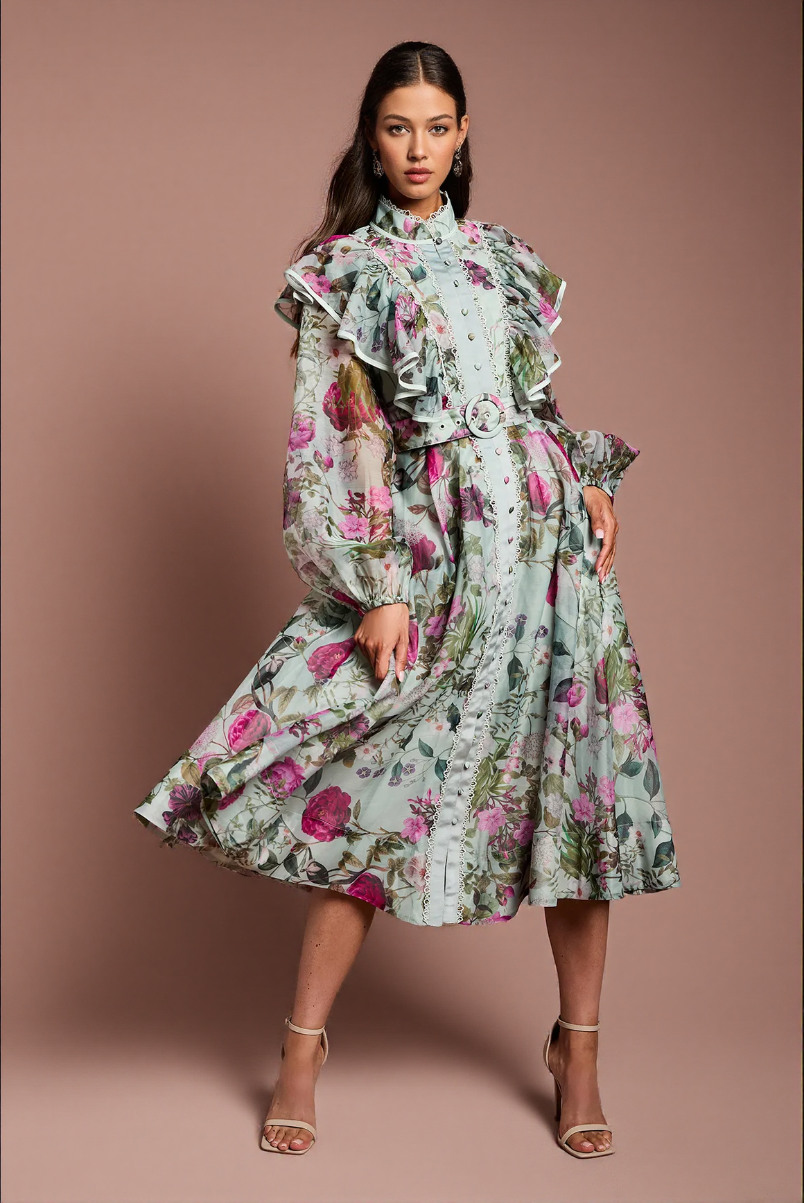 GREEN LONG SLEEVE PRINTED ORGANZA SHIRT MIDI DRESS