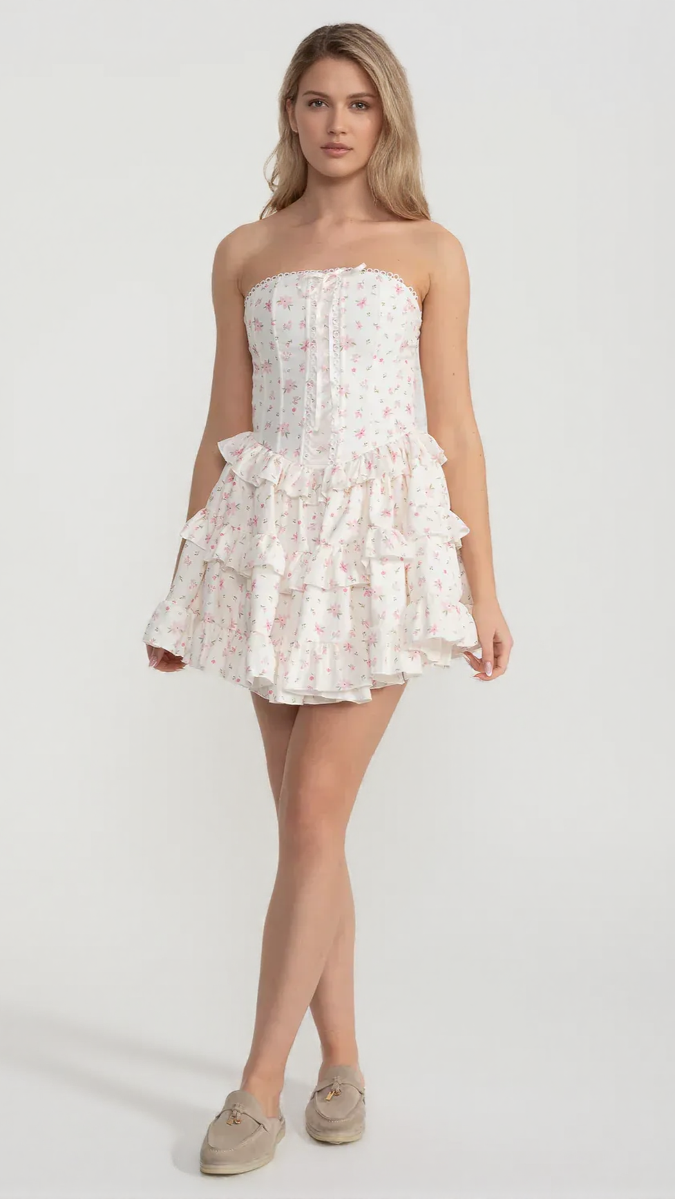 MARTHA RUFFLE PRINTED STRAPLESS MINI DRESS IN PINK