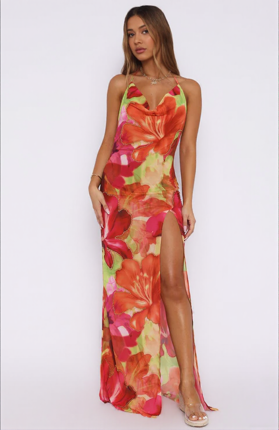 Falling Tropical Bloom high slit Maxi Dress