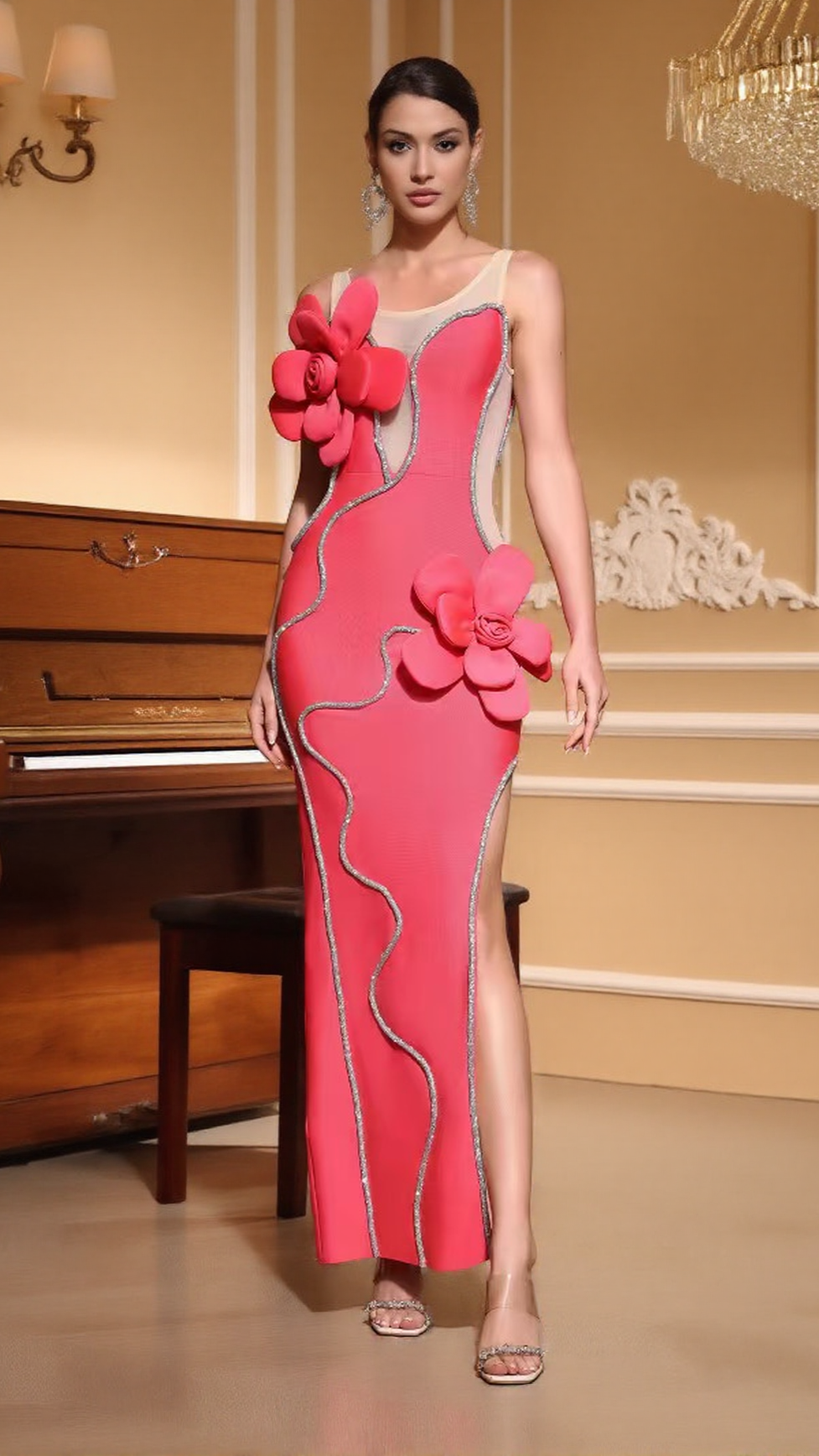 DIAMOND 3D FLOWER SEQUIN BANDAGE MAXI DRESS IN ROSE RED