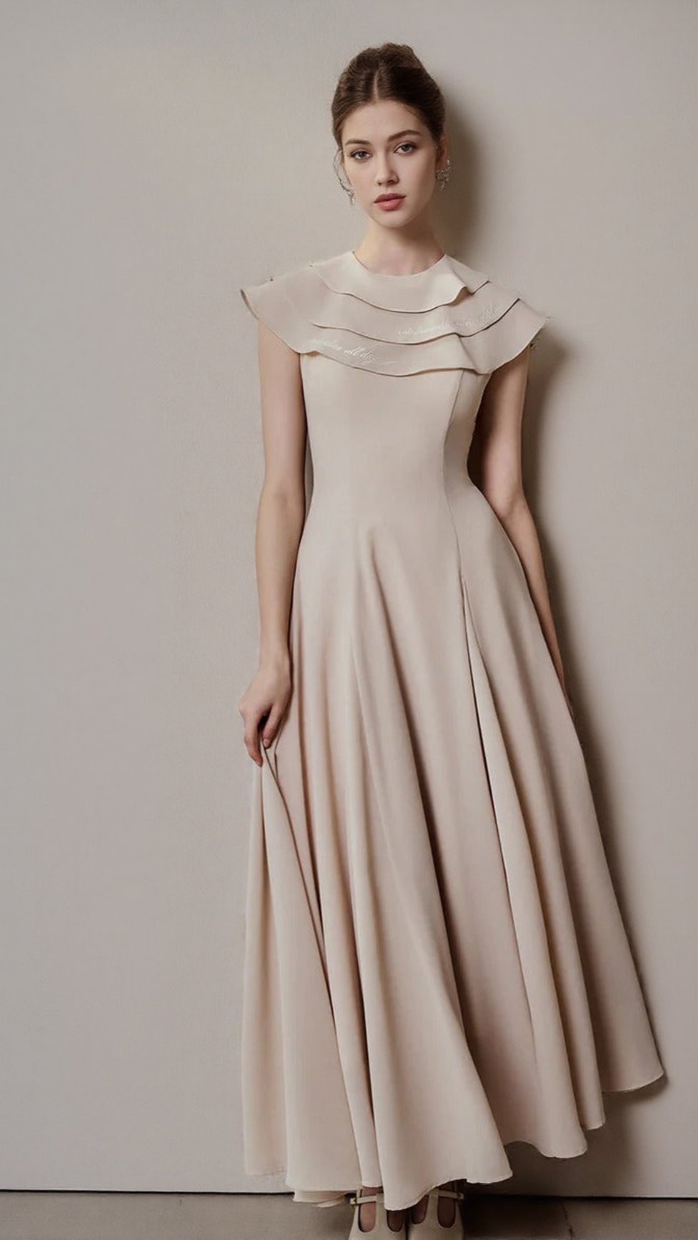 A-LINE JEWEL NECK VISCOSE ANKLE MAXI DRESS IN BEIGE