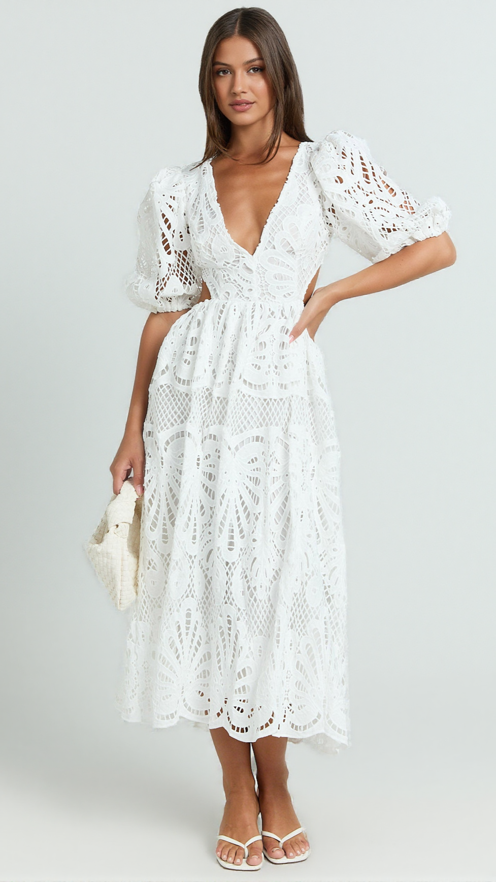 V NECK CUT OUT LACE MIDI DRESS IN WHITE