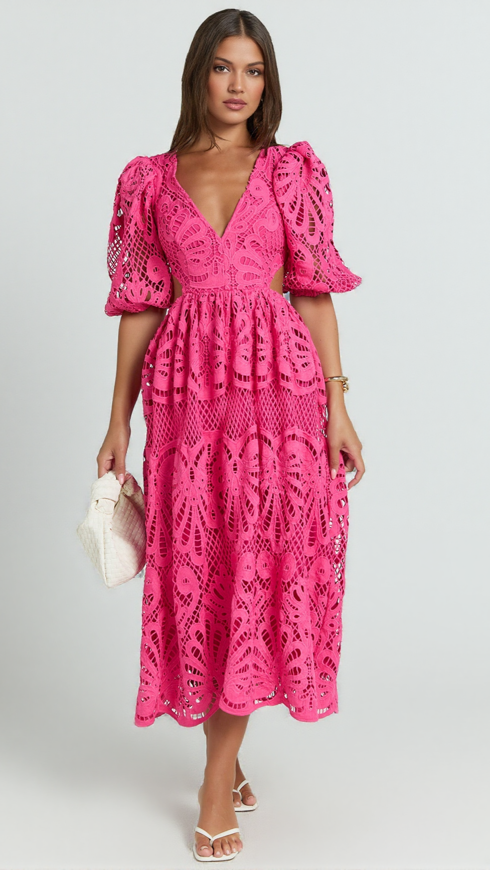 V NECK CUT OUT LACE MIDI DRESS IN PINK