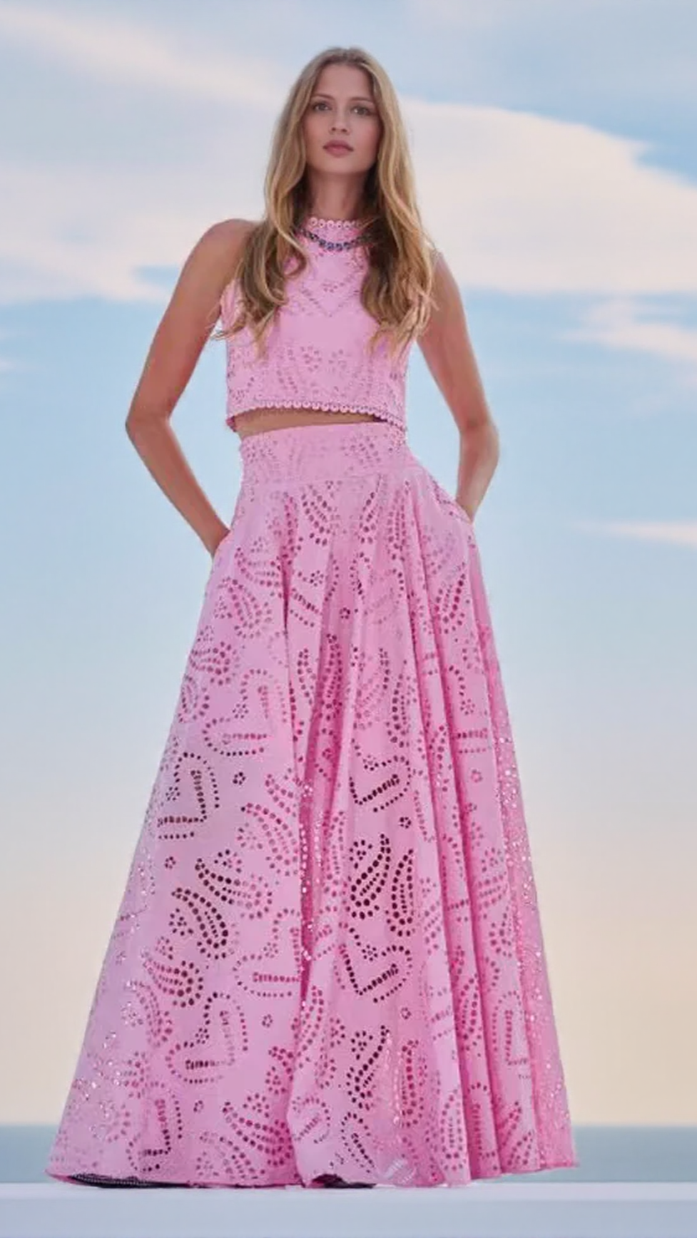 EYELET LACE TOP AND MAXI SKIRT SET IN PINK