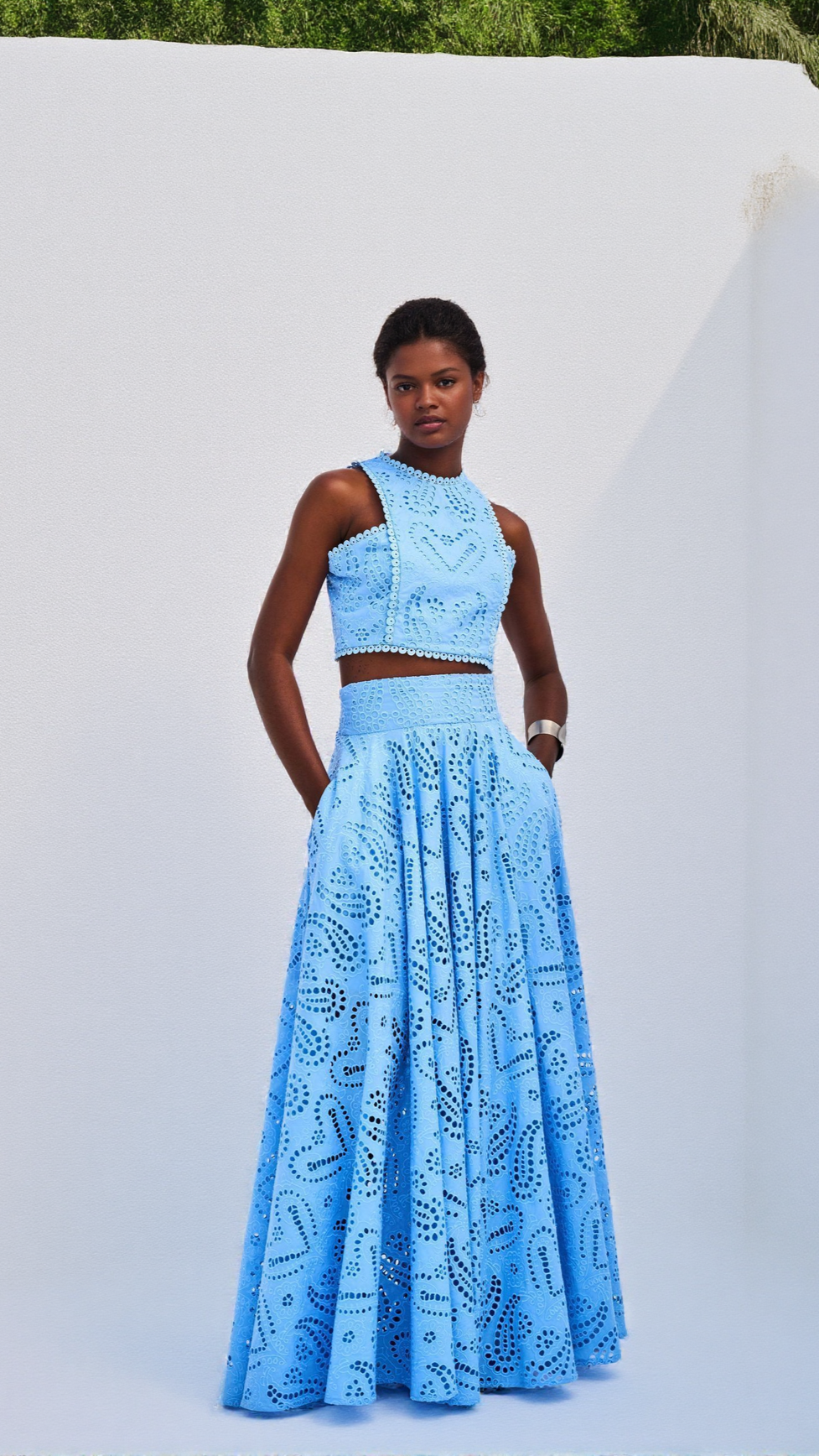 EYELET LACE TOP AND MAXI SKIRT SET IN BLUE