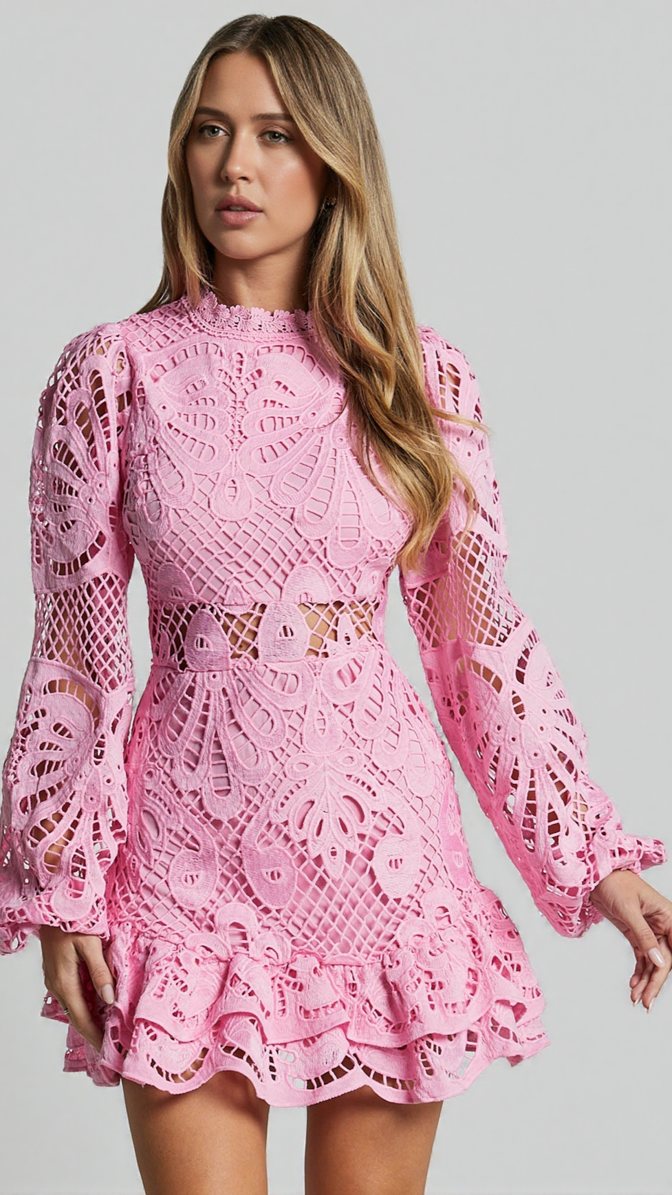 AIIZIE LONG PUFF SLEEVE LACE MINI DRESS IN RED - product image