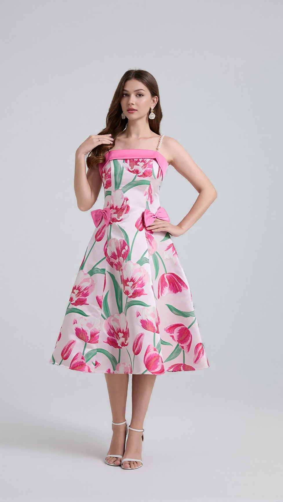 JACQUARD STRAP BOW MIDI DRESS IN PINK