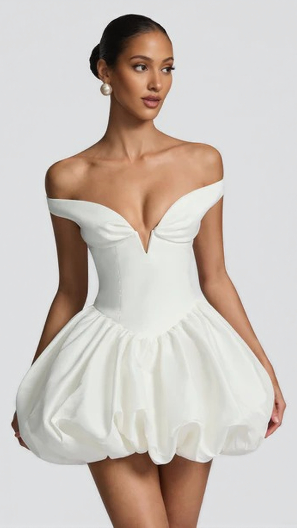 DAISY V-NECK STRAPLESS PUFFY MINI DRESS - IVORY