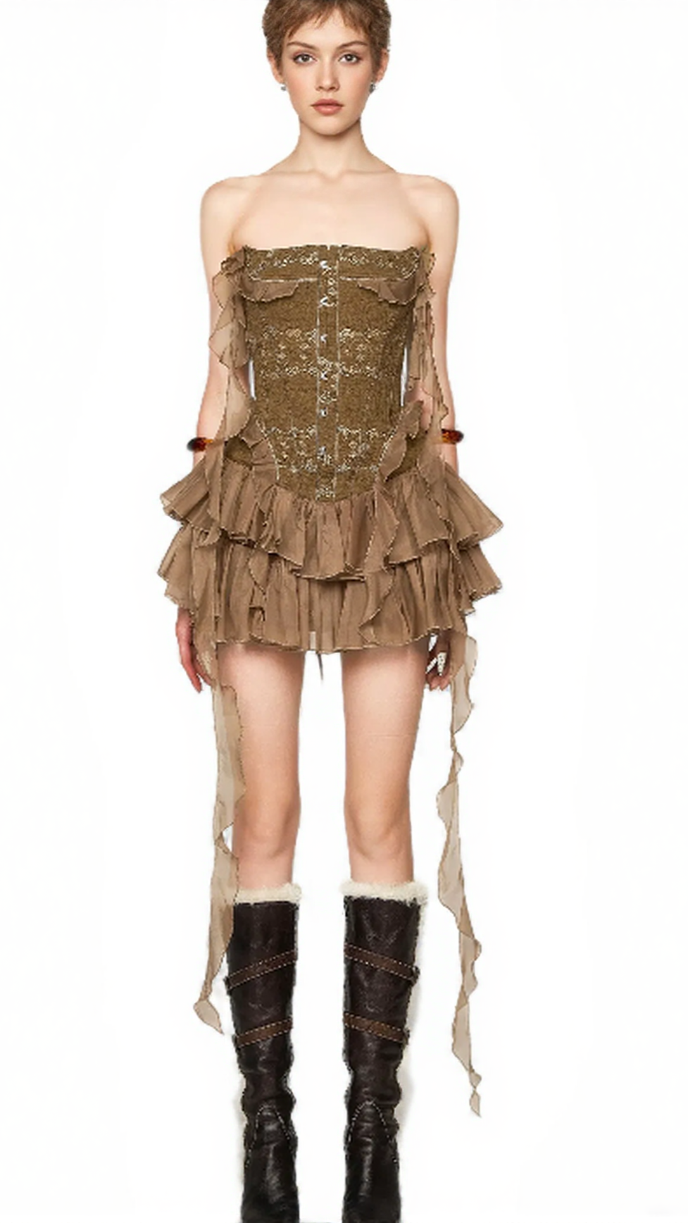 ALTHEA RUFFLE TRIM FISH BONES MINI DRESS IN BROWN